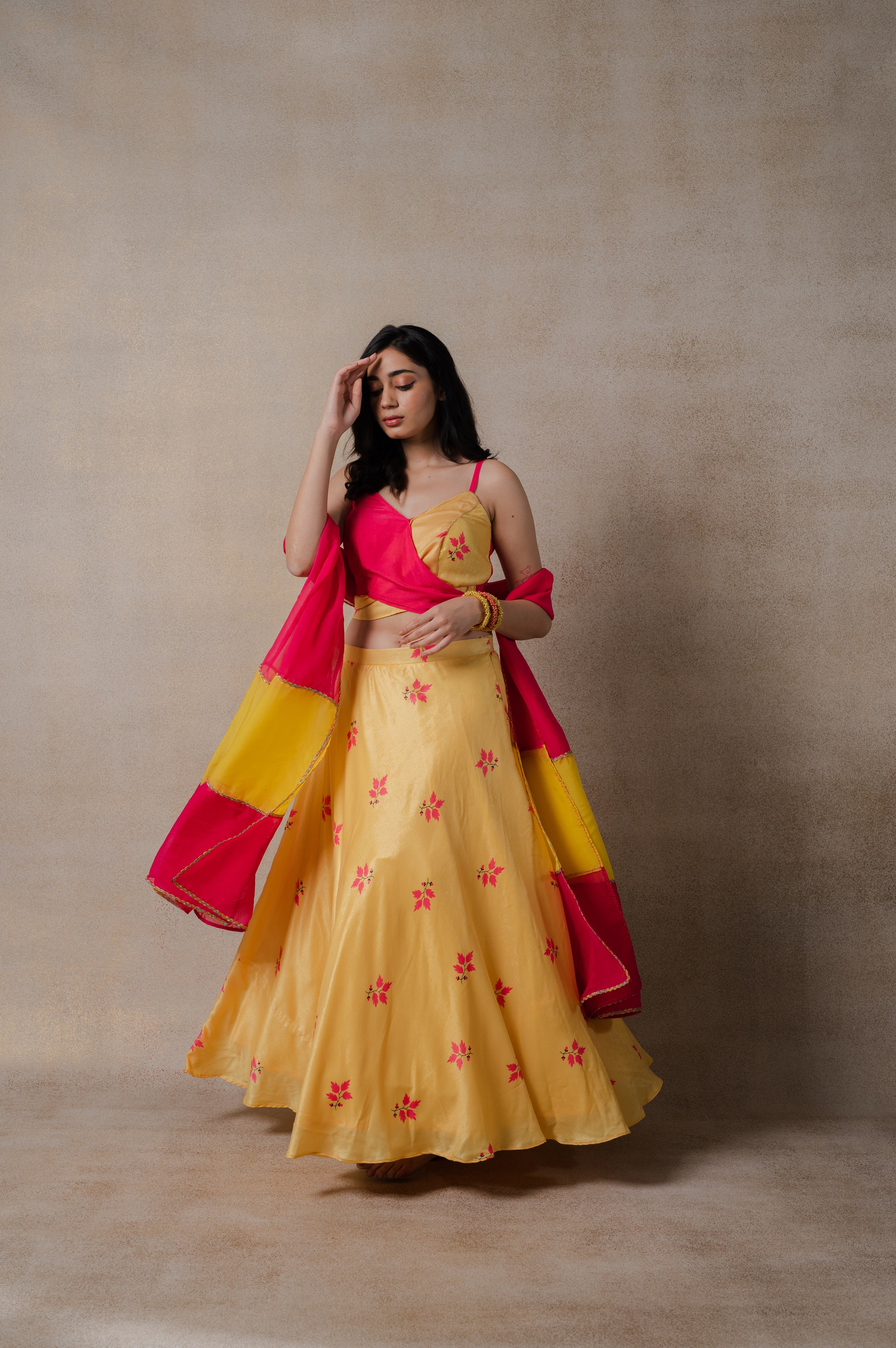 Bright Yellow Floral print Lehenga with Floral print Blouse and Dupatt –  ITRAAKE