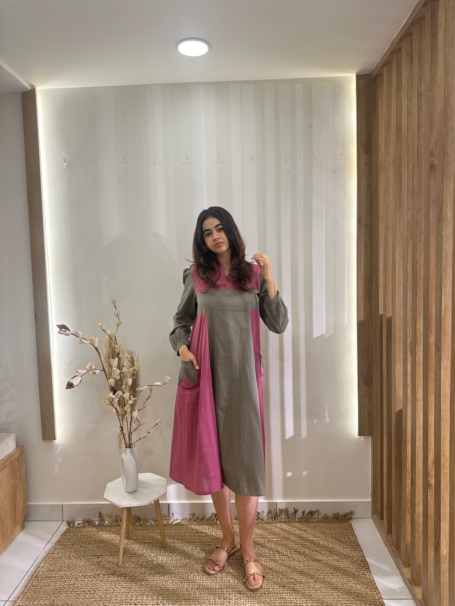 Grey & Pink Midi Dress