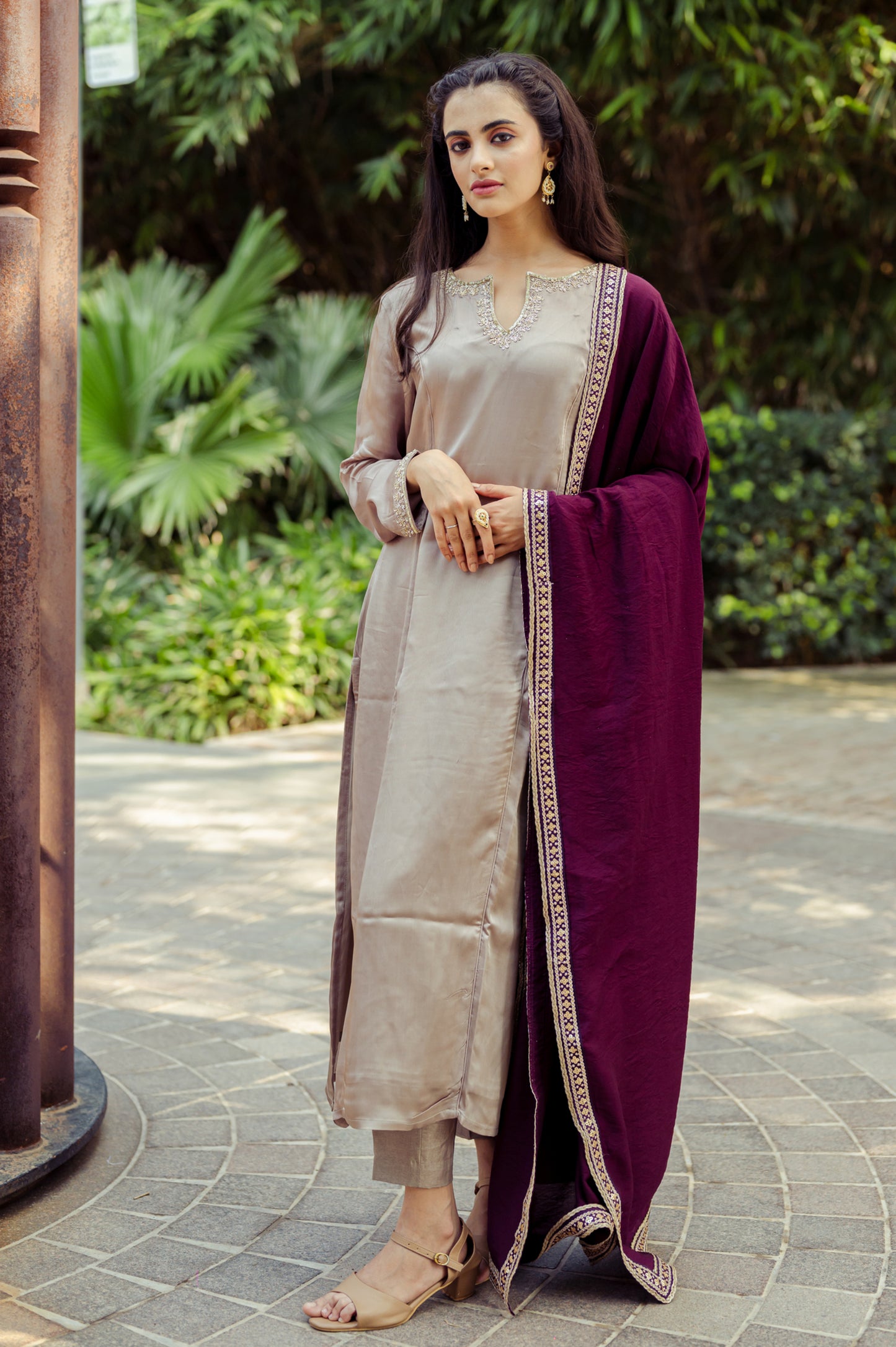 Beige Burgundy Embroidery Suit Set